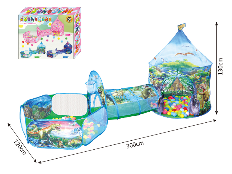 3 In 1 Dinosaur Yurt Tent + Crawl Tunnel + Ball Pool With Basketball Hoop + 60 Balls