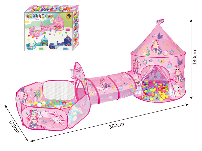 3 In 1 Mermaid Pattern Yurt Tent + Crawl Tunnel + Ball Pool With Basketball Hoop + 60 Balls