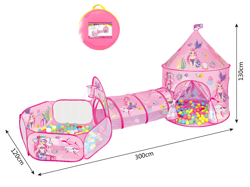 3 In 1 Mermaid Pattern Yurt Tent + Crawl Tunnel + Ball Pool
