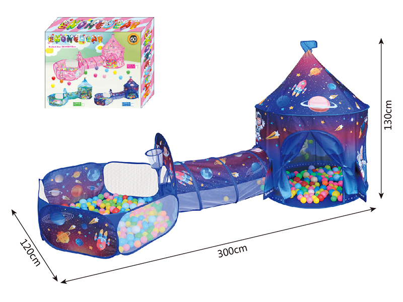 3 In 1 Space Theme Yurt Tent + Crawl Tunnel + Ball Pool With Basketball Hoop + 60 Balls