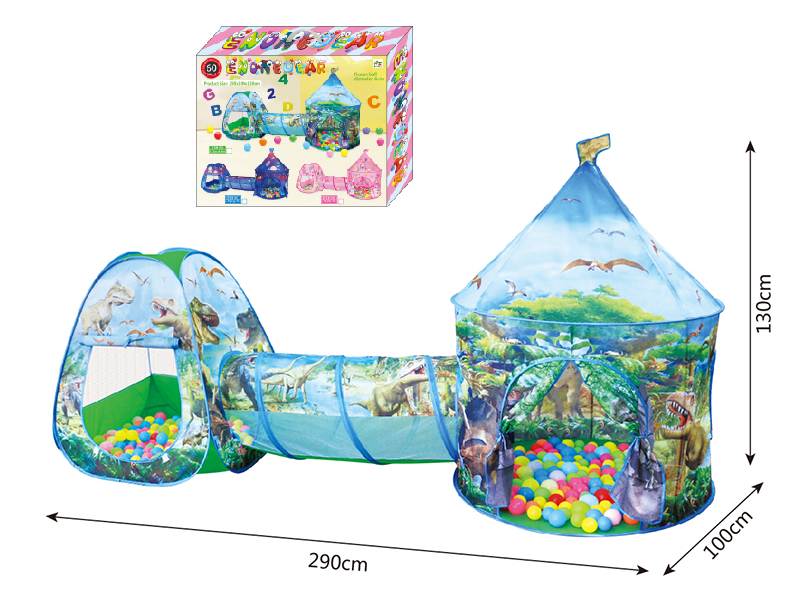 3 In 1 Dinosaur Yurt Tent + Crawl Tunnel + Pagoda Tent  + 60 Balls