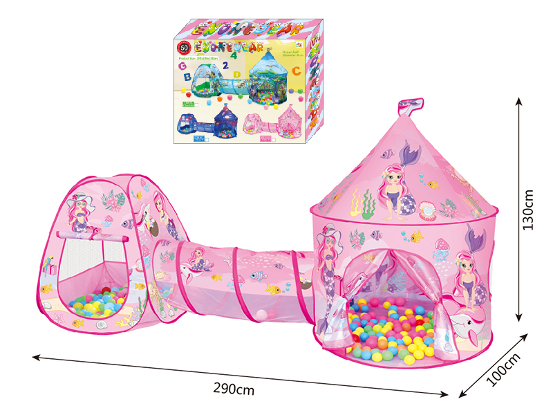 3 In 1 Mermaid Yurt Tent + Crawl Tunnel + Pagoda Tent  + 60 Balls