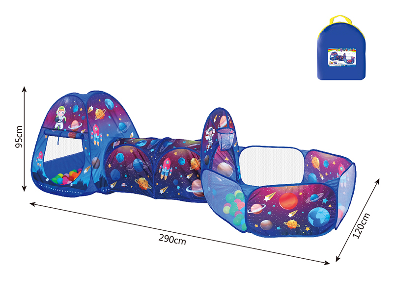 3 In 1 Space Play Tent + Crawl Tunnel + Ball Pool With Basketball Hoop