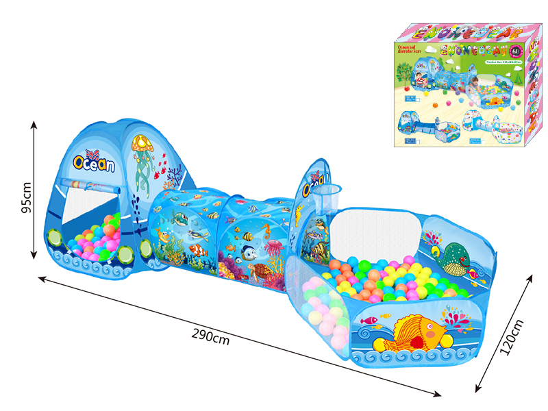 3 In 1 Ocean Play Tent + Crawl Tunnel + Ball Pool With Basketball Hoop + 60 Balls