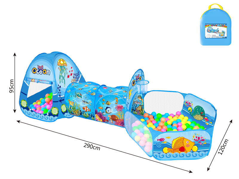 3 In 1 Ocean Play Tent + Crawl Tunnel + Ball Pool With Basketball Hoop