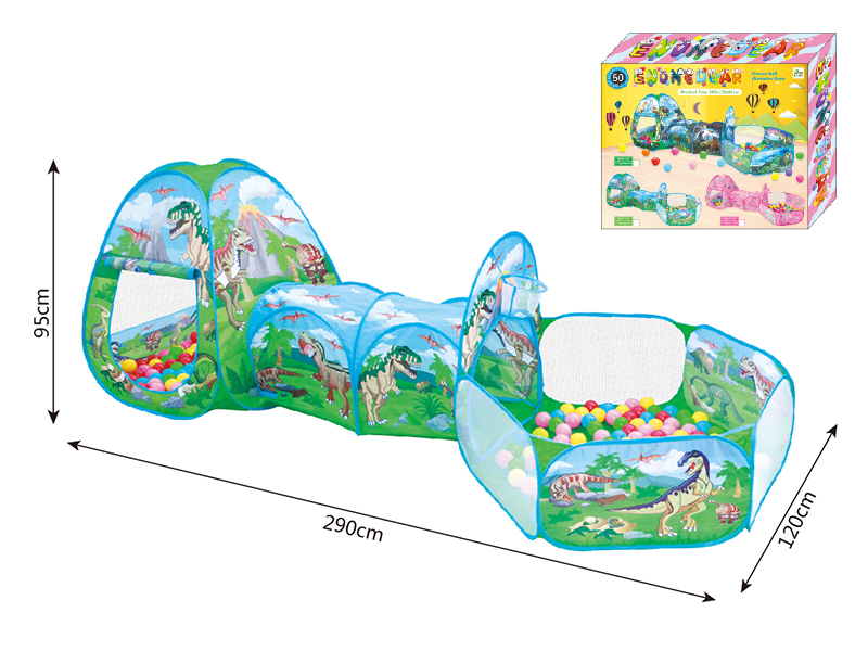 3 In 1 Dinosaur Play Tent + Crawl Tunnel + Ball Pool With Basketball Hoop + 60 Balls