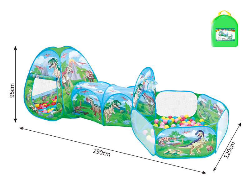 3 In 1 Dinosaur Play Tent + Crawl Tunnel + Ball Pool With Basketball Hoop
