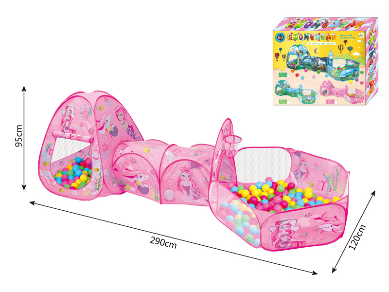 3 In 1 Mermaid Play Tent + Crawl Tunnel + Ball Pool With Basketball Hoop + 60 Balls