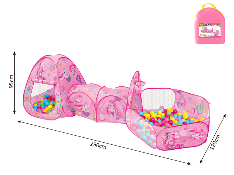 3 In 1 Mermaid Play Tent + Crawl Tunnel + Ball Pool With Basketball Hoop