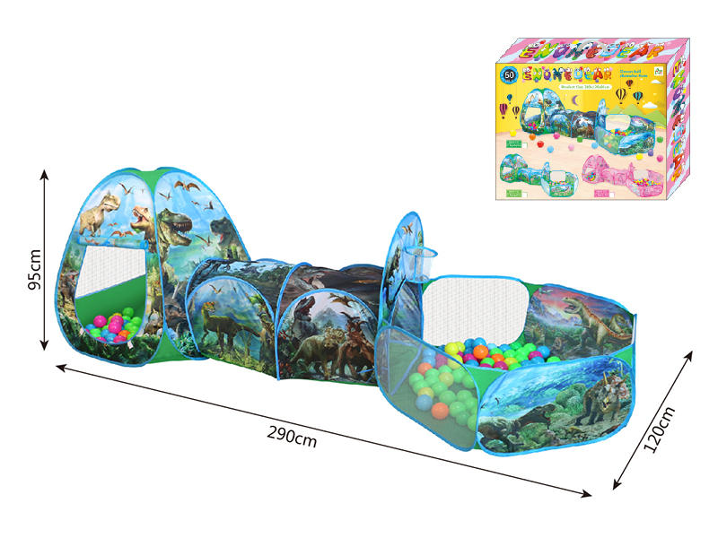 3 In 1 Dinosaur Play Tent + Crawl Tunnel + Ball Pool With Basketball Hoop + 60 Balls