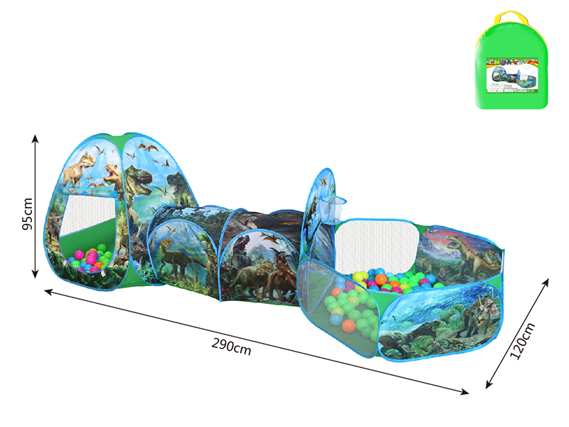 3 In 1 Dinosaur Play Tent + Crawl Tunnel + Ball Pool With Basketball Hoop