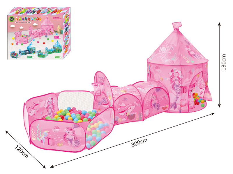 3 In 1 Mermaid Mongolian Yurt Tent  + Crawl Tunnel + Ball Pool With Basketball Hoop + 60 Balls