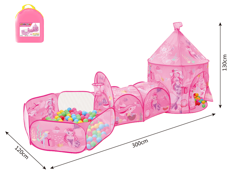 3 In 1 Mermaid Mongolian Yurt Tent  + Crawl Tunnel + Ball Pool With Basketball Hoop