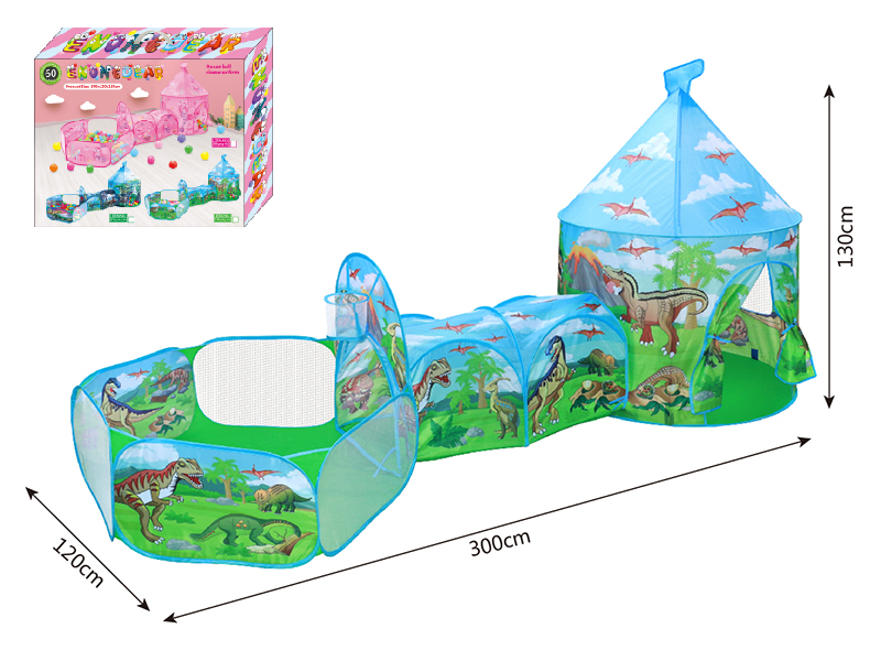 3 In 1 Dinosaur Mongolian Yurt Tent  + Crawl Tunnel + Ball Pool With Basketball Hoop + 60 Balls