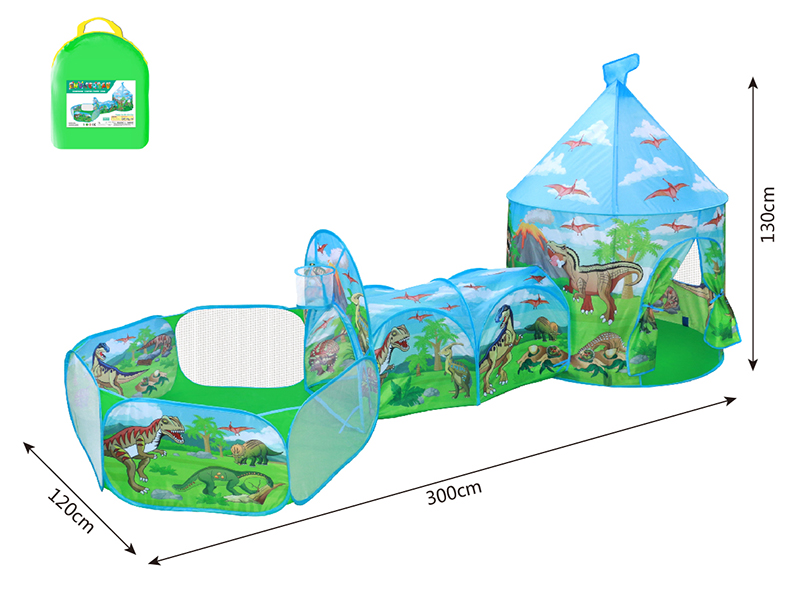 3 In 1 Dinosaur Mongolian Yurt Tent  + Crawl Tunnel + Ball Pool With Basketball Hoop