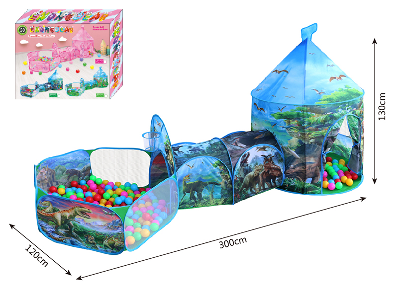 3 In 1 Dinosaur Mongolian Yurt Tent  + Crawl Tunnel + Ball Pool With Basketball Hoop + 60 Balls