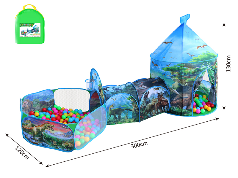 3 In 1 Dinosaur Mongolian Yurt Tent  + Crawl Tunnel + Ball Pool With Basketball Hoop