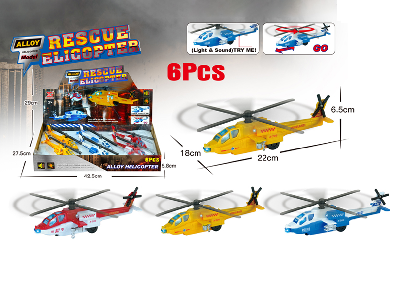 6PCS Alloy Pull Back Rescue Helicopter With Sound And Light