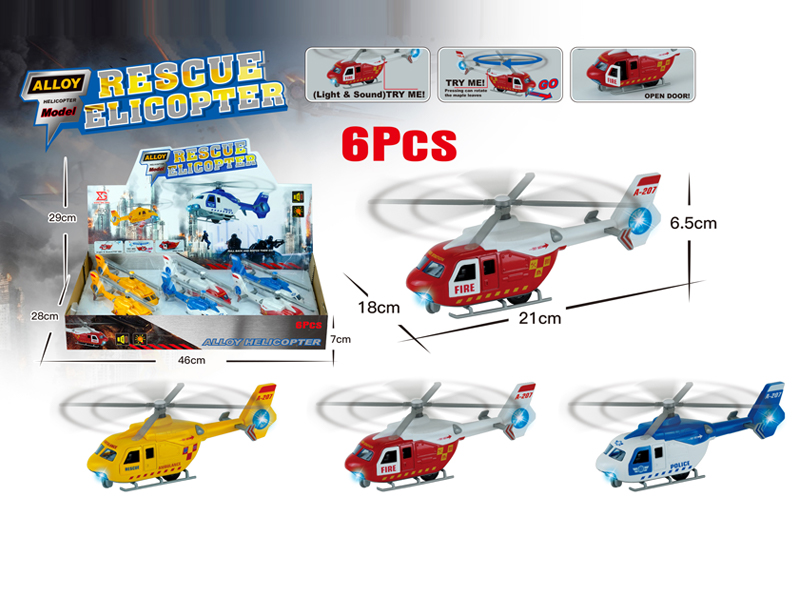 6PCS Alloy Pull Back Rescue Helicopter With Sound And Light
