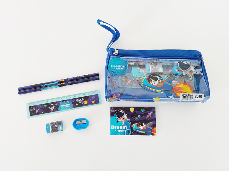 Dual Zipper Pen Bag Stationery Bag (2 Pencils +1 Pencil Sharpener +1 Eraser +1 Ruler + 1 Notebook)Space