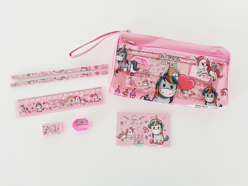 Dual Zipper Pen Bag Stationery Bag (2 Pencils +1 Pencil Sharpener +1 Eraser +1 Ruler + 1 Notebook)Unicorn