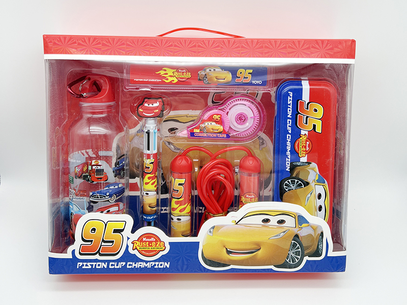 Cars Stationery Set(Rope Skipping + Kettle + Correction Tape + Ballpoint Pen + Iron Pencil Case + Ruler)