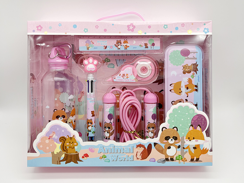 Animals World Stationery Set(Rope Skipping + Kettle + Correction Tape + Ballpoint Pen + Iron Pencil Case + Ruler)
