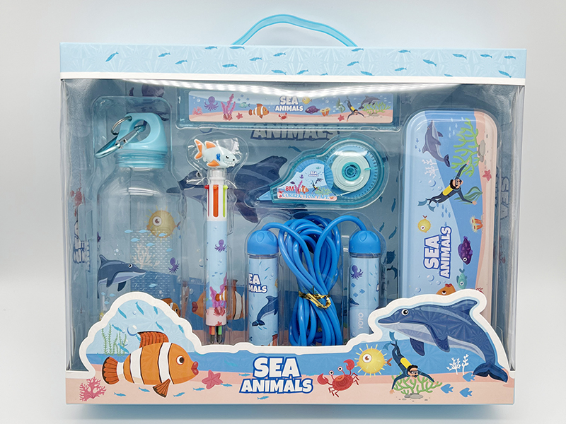 Sea Animals Stationery Set(Rope Skipping + Kettle + Correction Tape + Ballpoint Pen + Iron Pencil Case + Ruler)