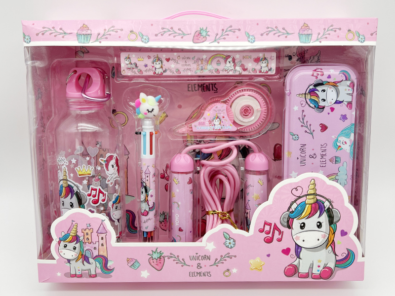 Unicorn Stationery Set(Rope Skipping + Kettle + Correction Tape + Ballpoint Pen + Iron Pencil Case + Ruler)