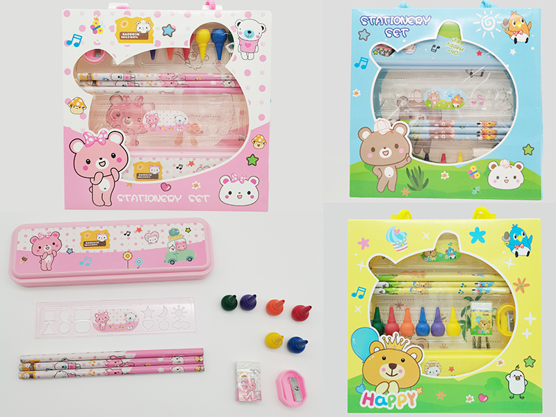 Plastic Pencil Case + Crayons Stationery Set(Little Bear)