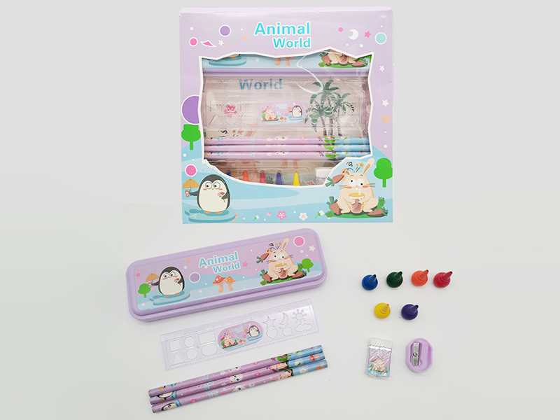 Plastic Pencil Case + Crayons Stationery Set(Animals World)