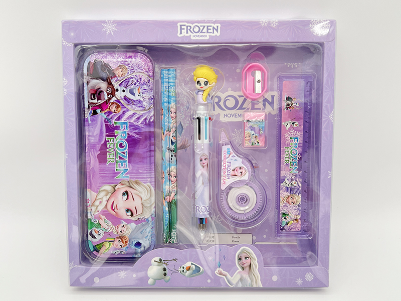 Stationery Set(Correction Tape + Ballpoint Pen + Iron Pencil Box + Ruler + Pencil + Eraser + Pencil Sharpener)Frozen