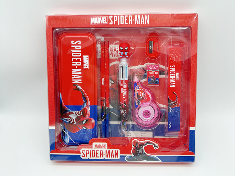 Stationery Set(Correction Tape + Ballpoint Pen + Iron Pencil Box + Ruler + Pencil + Eraser + Pencil Sharpener)Spider-Man