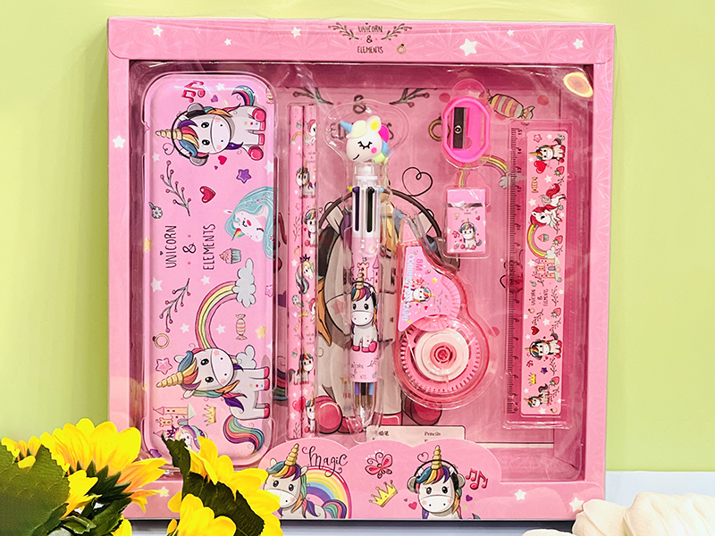Stationery Set(Correction Tape + Ballpoint Pen + Iron Pencil Box + Ruler + Pencil + Eraser + Pencil Sharpener)Unicorn