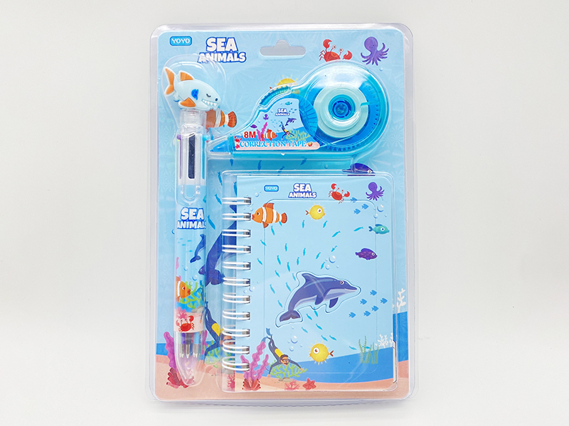 Sea Animals Stationery Set(Correction Tape + Ballpoint Pen + Notebook)