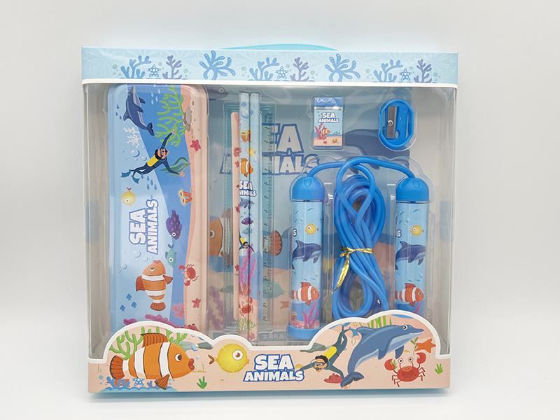 Sea Animals Stationery Set(Iron Pencil Box + Pencil + Ruler + Eraser + Pencil Sharpener + Rope Skipping)