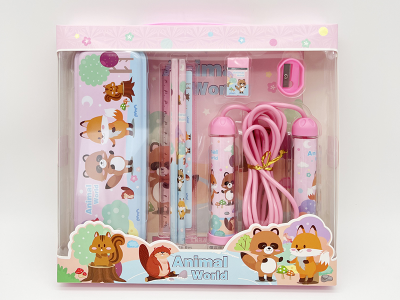 Animals World Stationery Set(Iron Pencil Box + Pencil + Ruler + Eraser + Pencil Sharpener + Rope Skipping)