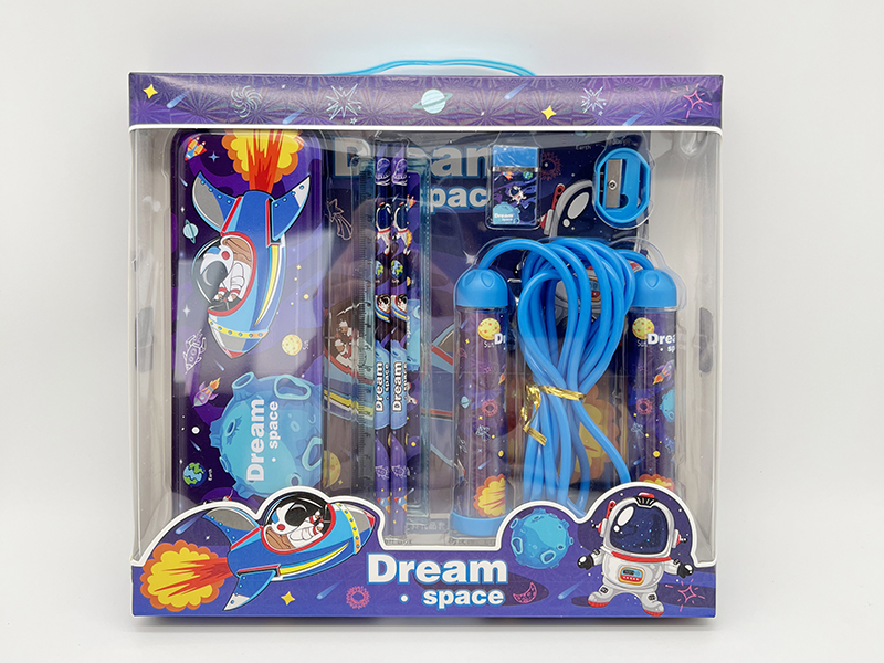 Space Stationery Set(Iron Pencil Box + Pencil + Ruler + Eraser + Pencil Sharpener + Rope Skipping)