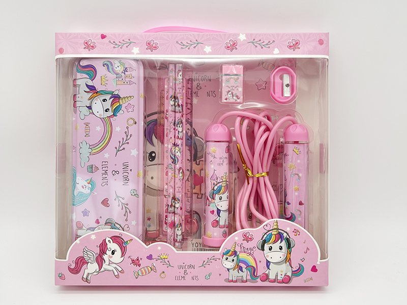 Unicorn Stationery Set(Iron Pencil Box + Pencil + Ruler + Eraser + Pencil Sharpener + Rope Skipping)