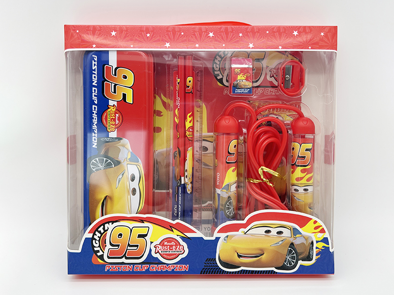 Cars Stationery Set(Iron Pencil Box + Pencil + Ruler + Eraser + Pencil Sharpener + Rope Skipping)