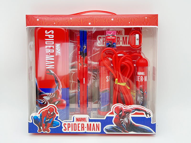 Spider-Man Stationery Set(Iron Pencil Box + Pencil + Ruler + Eraser + Pencil Sharpener + Rope Skipping)