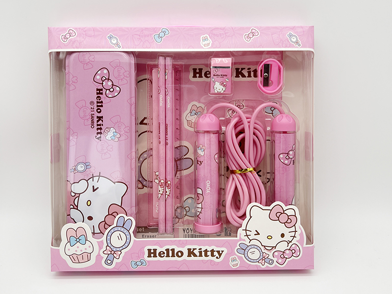 Hello Kitty Stationery Set(Iron Pencil Box + Pencil + Ruler + Eraser + Pencil Sharpener + Rope Skipping)