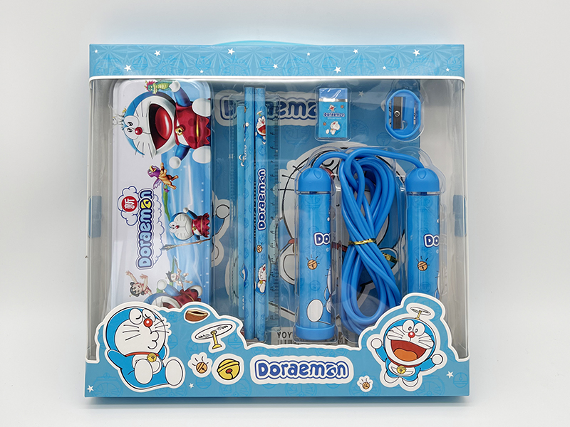 Doraemon Stationery Set(Iron Pencil Box + Pencil + Ruler + Eraser + Pencil Sharpener + Rope Skipping)