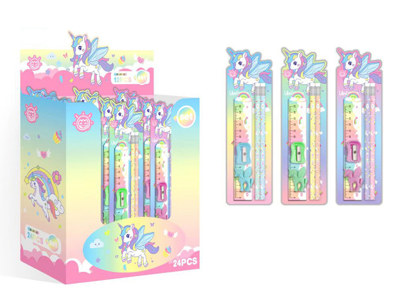 Unicorn Stationery Set(Ruler + Pencil + Eraser + Sharpener)24pcs