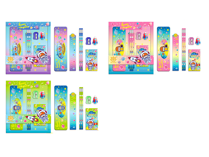 Space Stationery Set(Pencil Case + Ruler + Pencil + Eraser + Crayon + Sharpener)