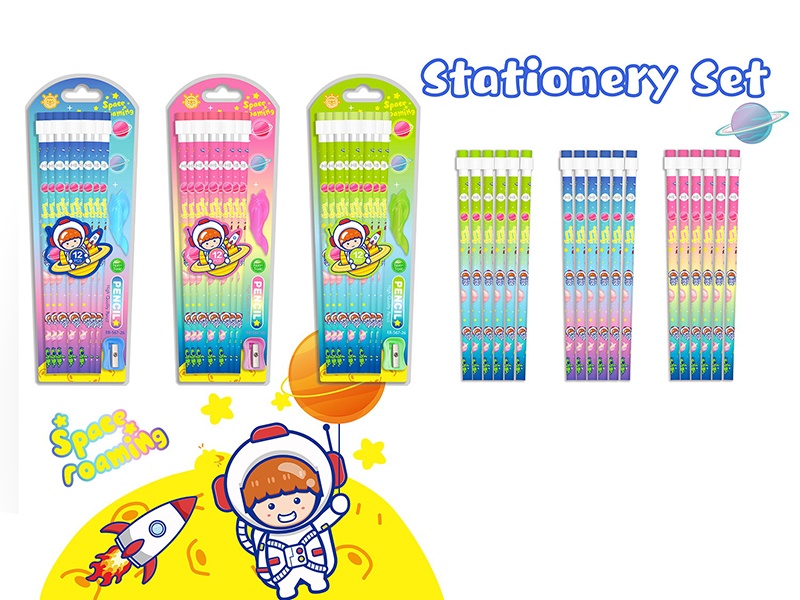 Space Stationery Set(Pencil 12pcs + Pen Cap + Sharpener)