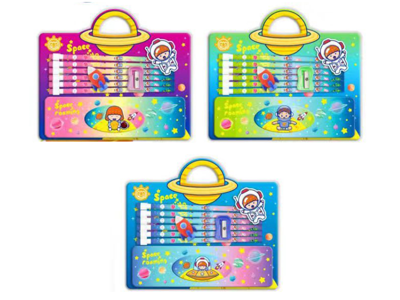 Space Stationery Set(Pencil 6pcs +3D Eraser + Sharpener + Pencil Case)