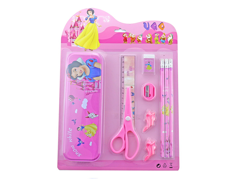 Snow White Stationery Set(Pencil Case +3 Pencils + Ruler + Scissor + Eraser + Sharpener + Pen Cap)