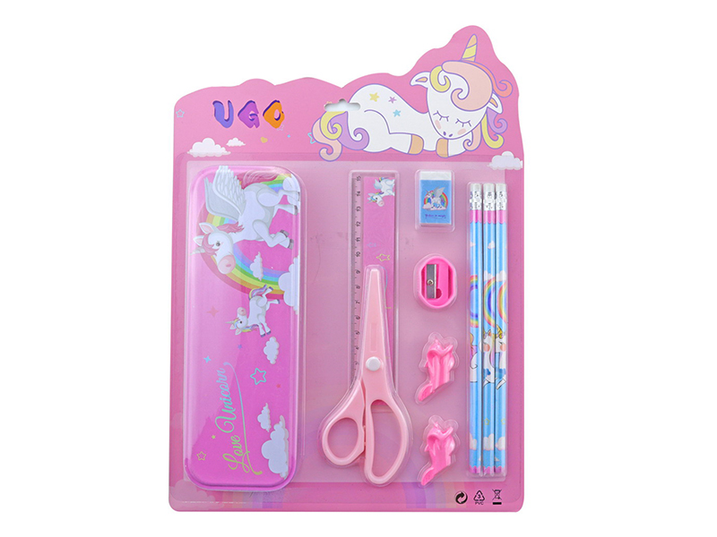 Unicorn Stationery Set(Pencil Case +3 Pencils + Ruler + Scissor + Eraser + Sharpener + Pen Cap)