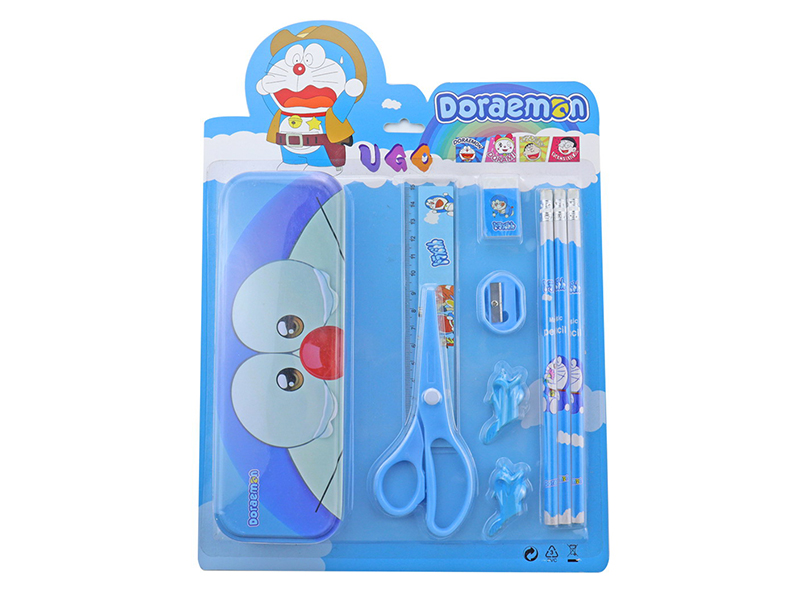 Doraemon Stationery Set(Pencil Case +3 Pencils + Ruler + Scissor + Eraser + Sharpener + Pen Cap)